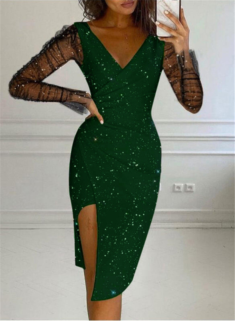 Glitter Star Print Mesh Long Sleeve Deep V-Neck Wrap Cocktail Dress - View 9