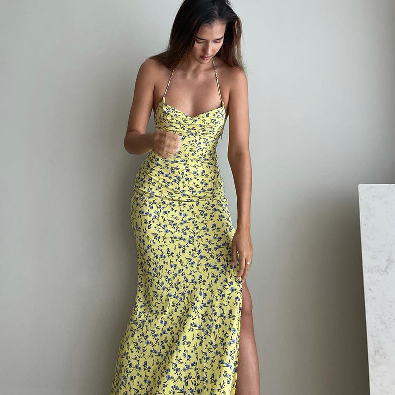 Halter Neck Floral High Split Backless Slip Maxi Dress - View 2