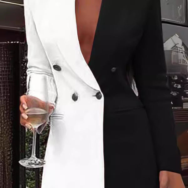 Double Breasted Flap Pocket Long Sleeve Deep V-Neck Blazer Mini Dress - View 5