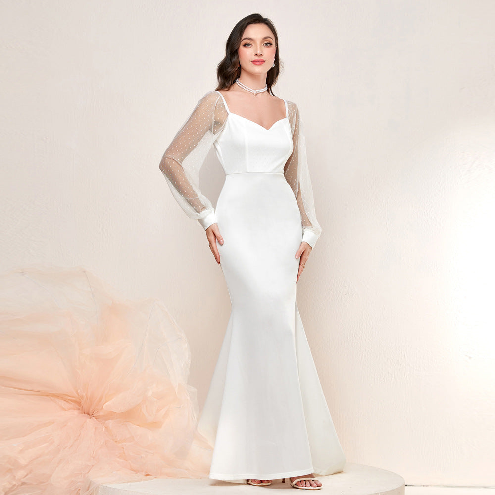 Swiss Dot Mesh Puff Sleeve Sweetheart Mermaid Maxi Gown - View 2