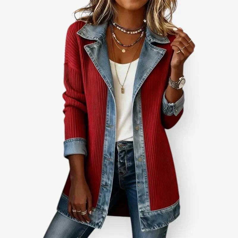 Denim Contrast Ribbed Lapel Button Front Longline Jacket 4