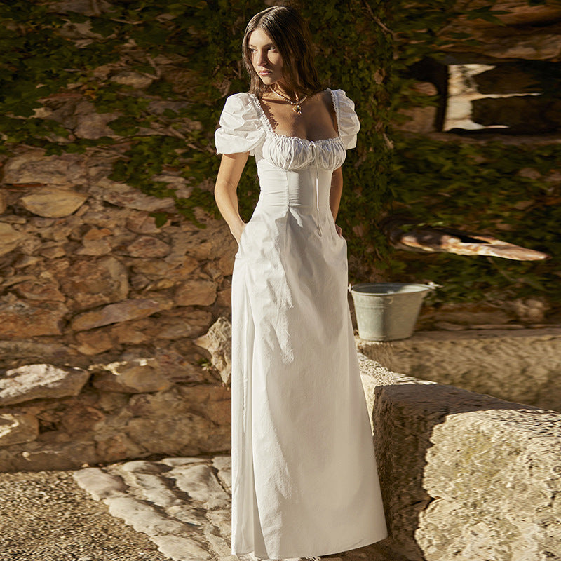 Sweet Court Puff Sleeve Square Collar Lace Solid Color Dress for - View 2
