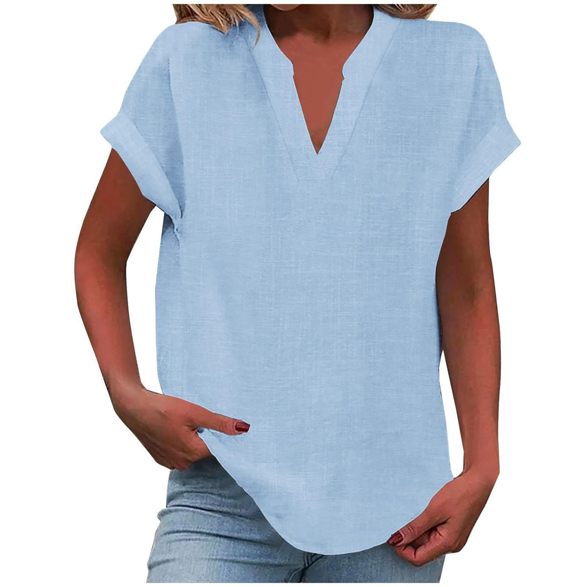 Split V-Neck Short Sleeve Linen Blouse 3