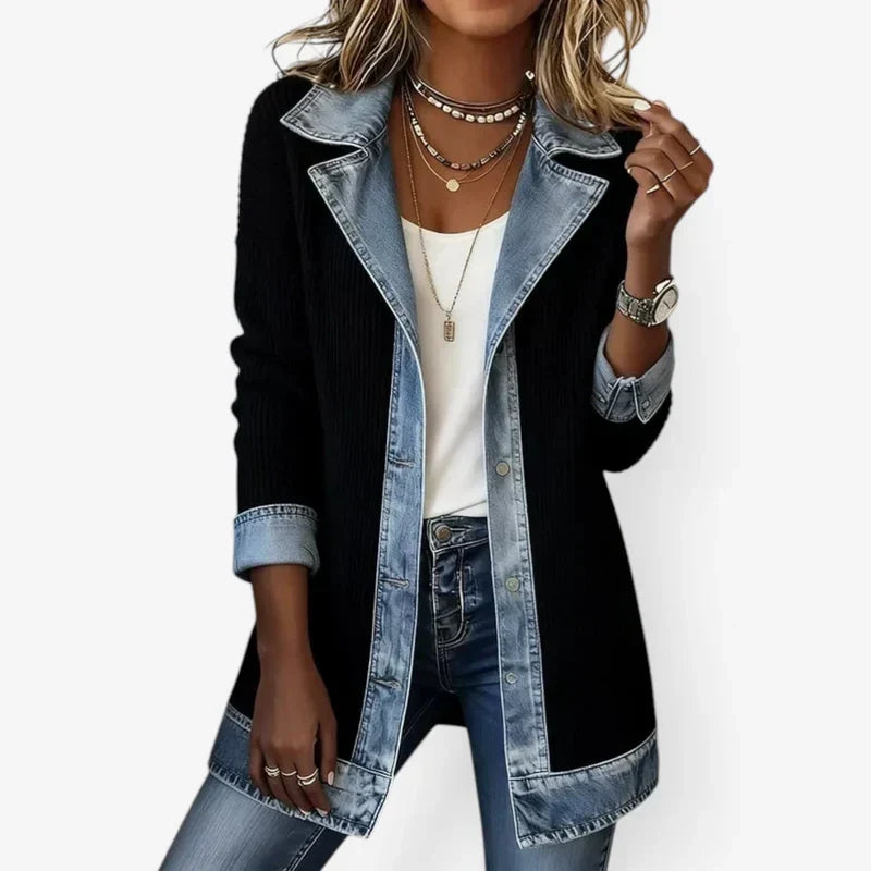 Denim Contrast Ribbed Lapel Button Front Longline Jacket 2