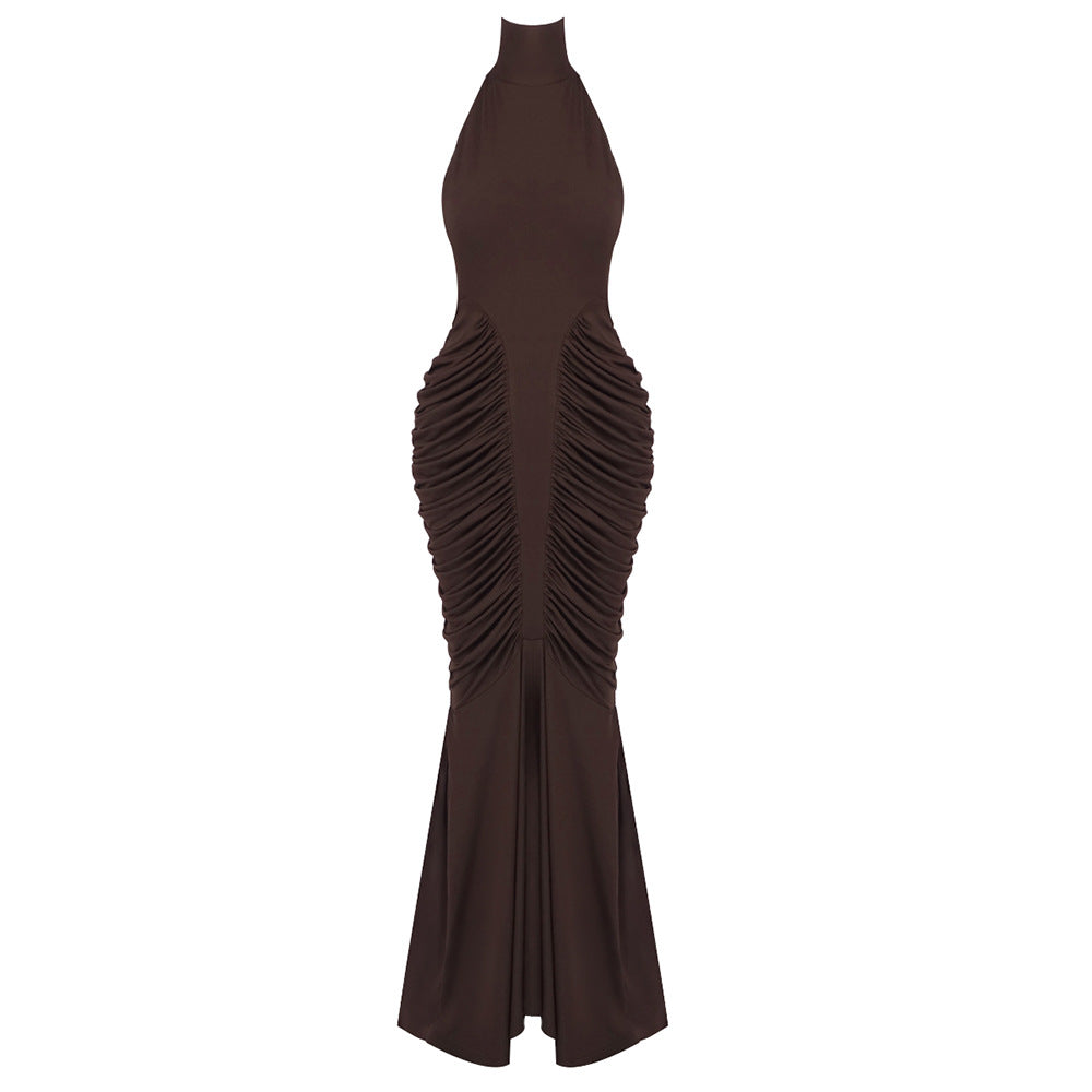 High Neck Sleeveless Ruched Mermaid Maxi Dress - View 6