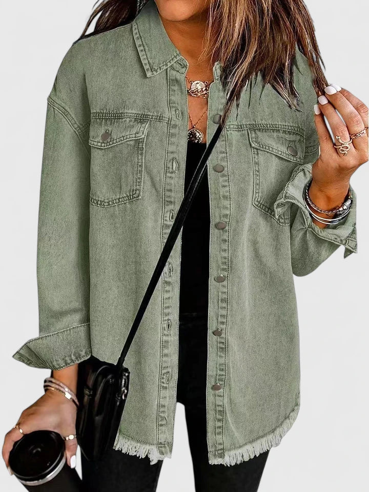 Button Front Frayed Hem Denim Shirt Jacket 9