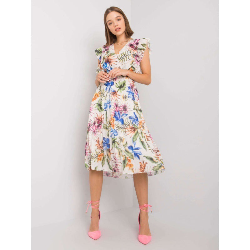 Floral V-Neck Flutter Sleeve Belted Pleated Midi Dress - View 4