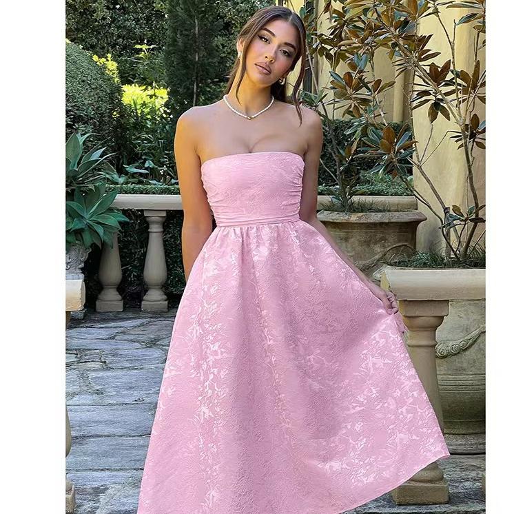 Jacquard Strapless Ruched Waist Fit and Flare Midi Dress - View 2