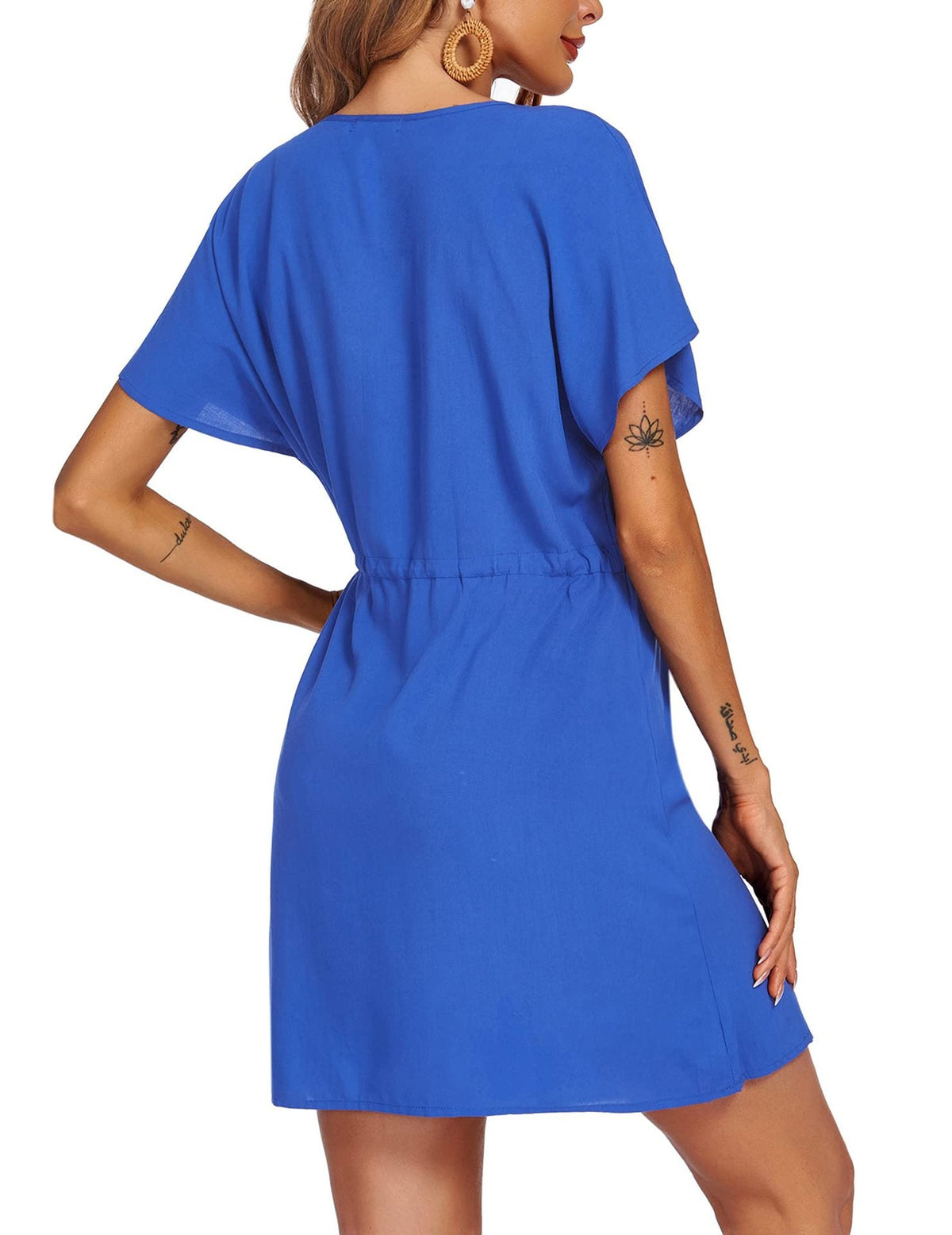 V-Neck Flutter Sleeve Drawstring Waist Summer Mini Dress - View 2