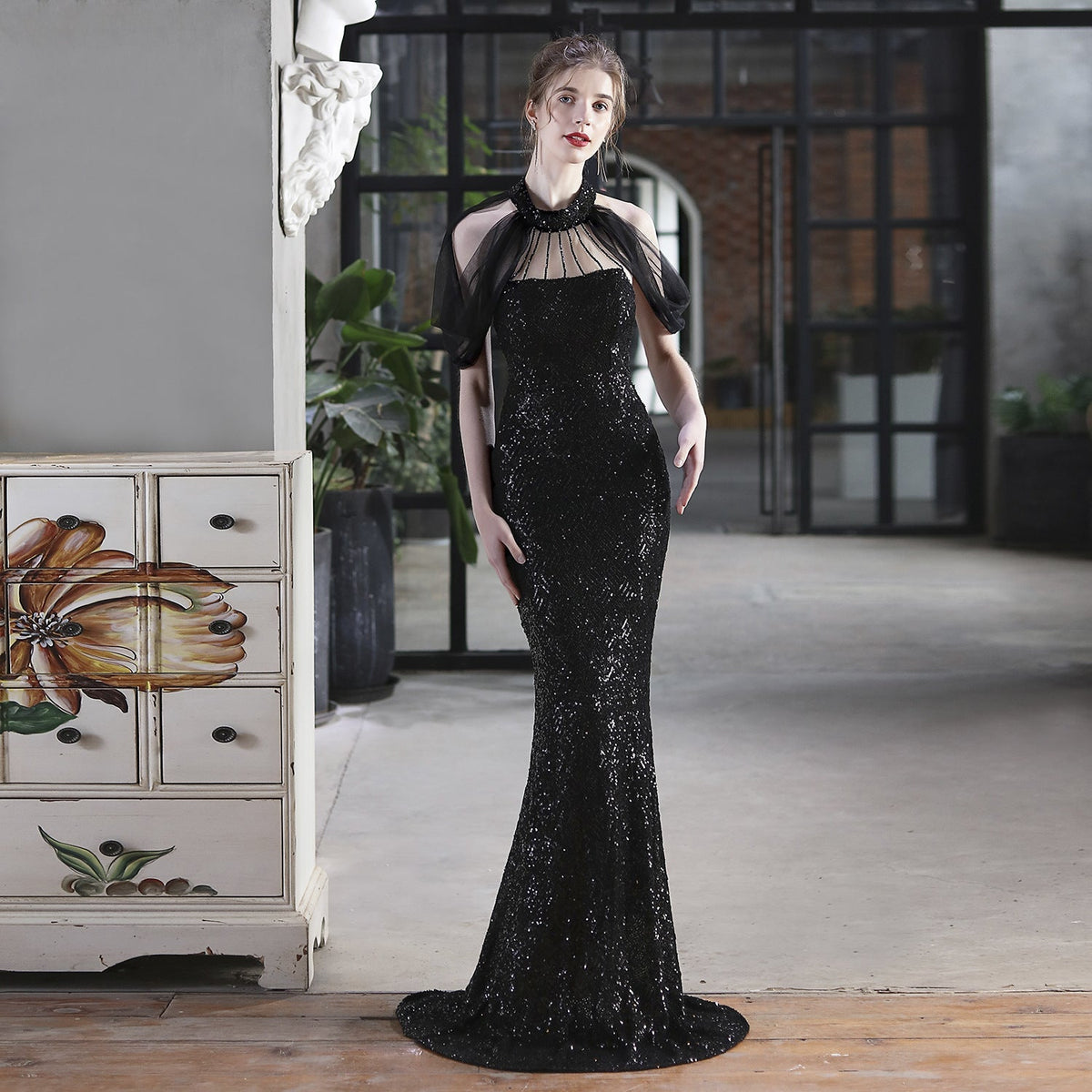 Sequin Halter Neck Sheer Cape Mermaid Gown - View 3