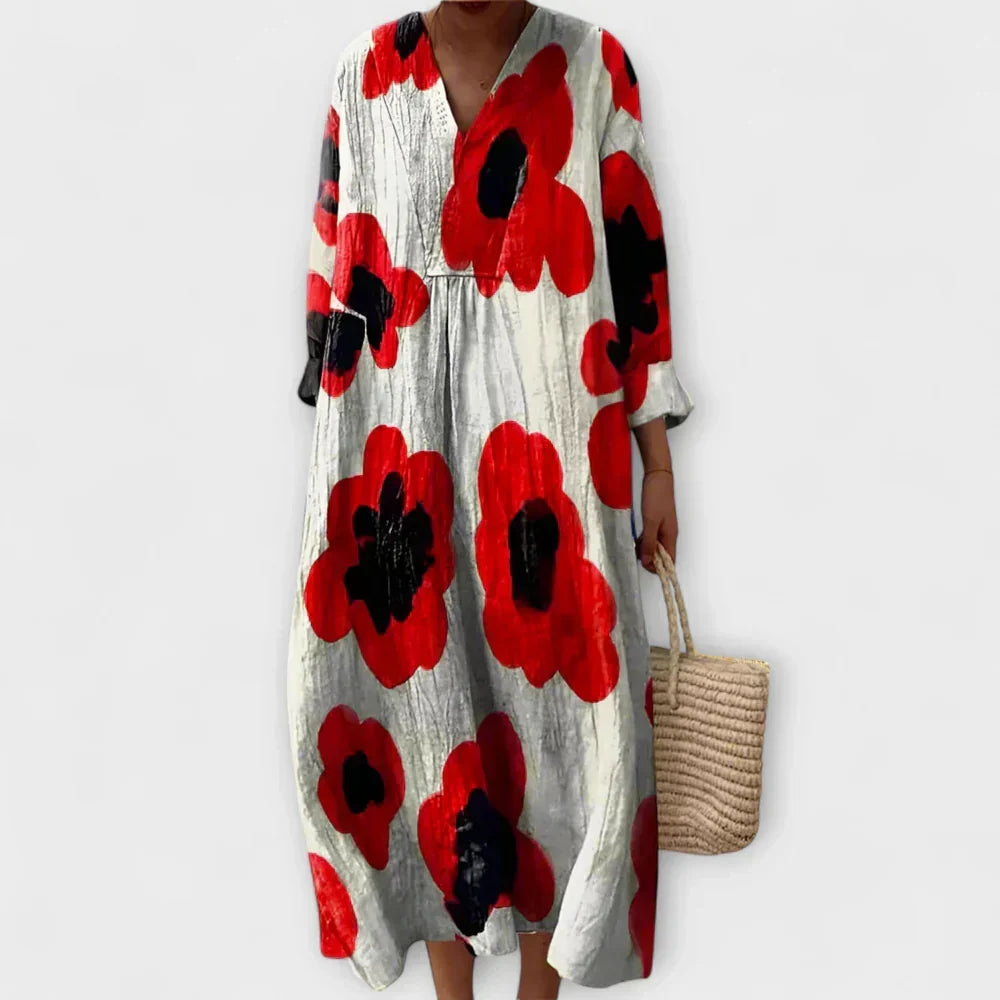 Poppy Floral Print V-Neck Long Sleeve Maxi Dress