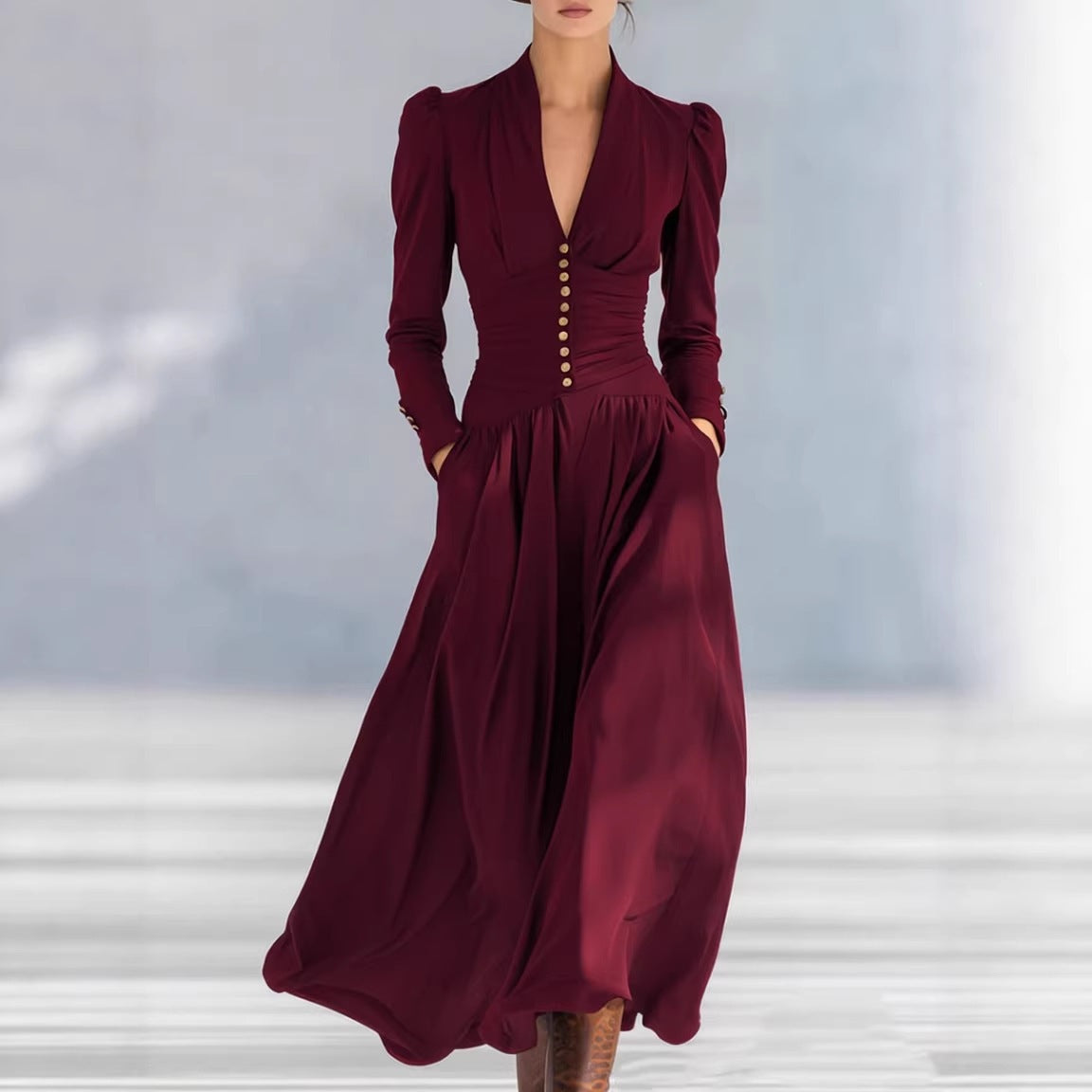 Deep V-Neck Puff Sleeve Ruched Satin Maxi Dress 4