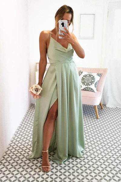 Satin Cowl Neck Tie Bow Shoulder Pleated High Split Maxi Gown - View 2