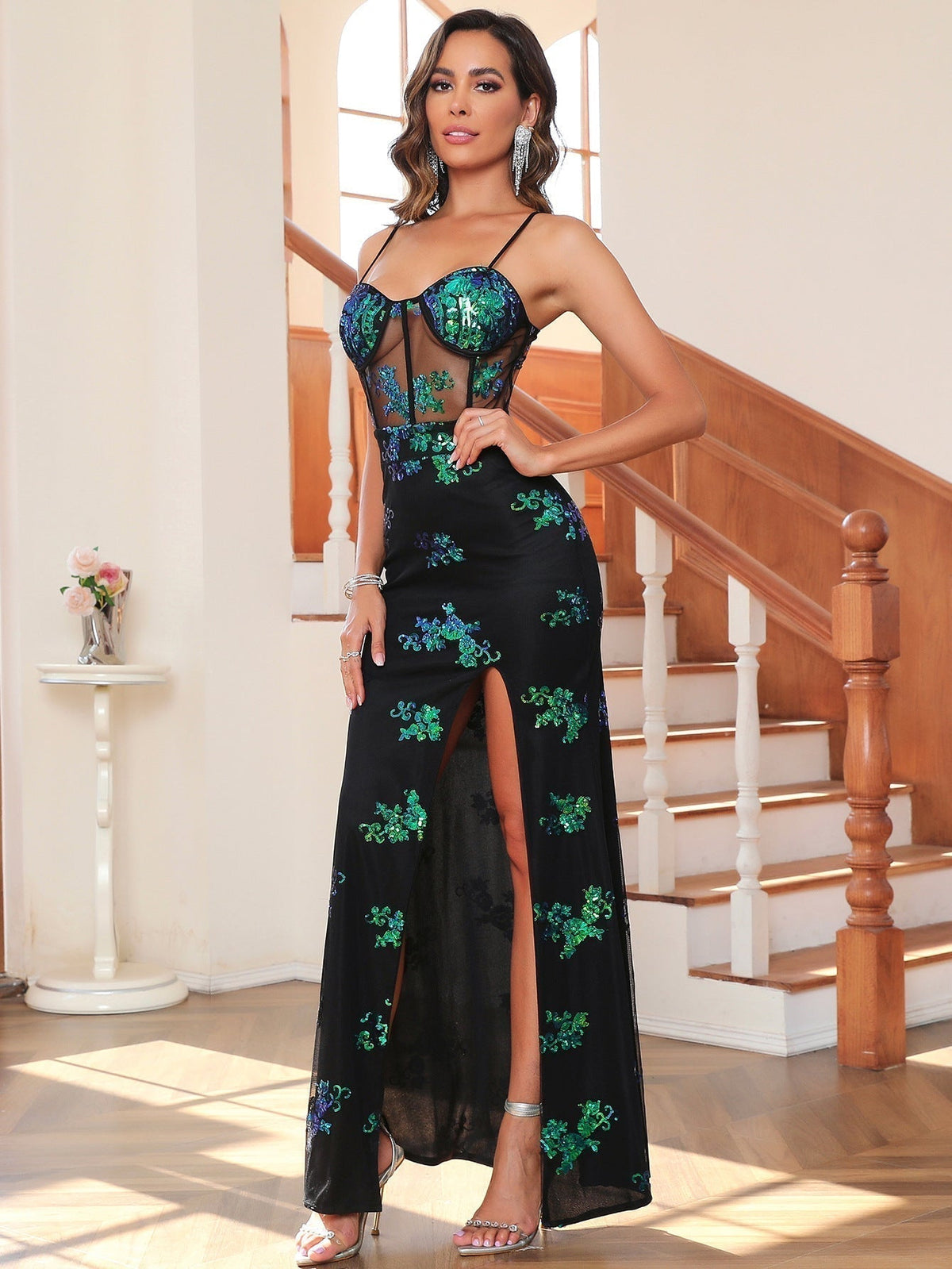 Sequin Spaghetti Strap Mesh High Split Mermaid Maxi Gown - View 3