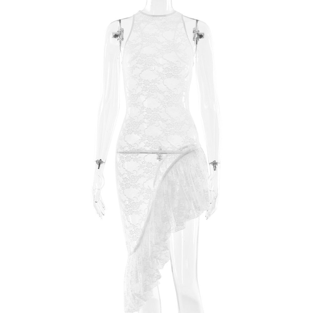 Sheer Floral Lace Mock Neck Sleeveless Tiered Ruffle Maxi Dress - View 10