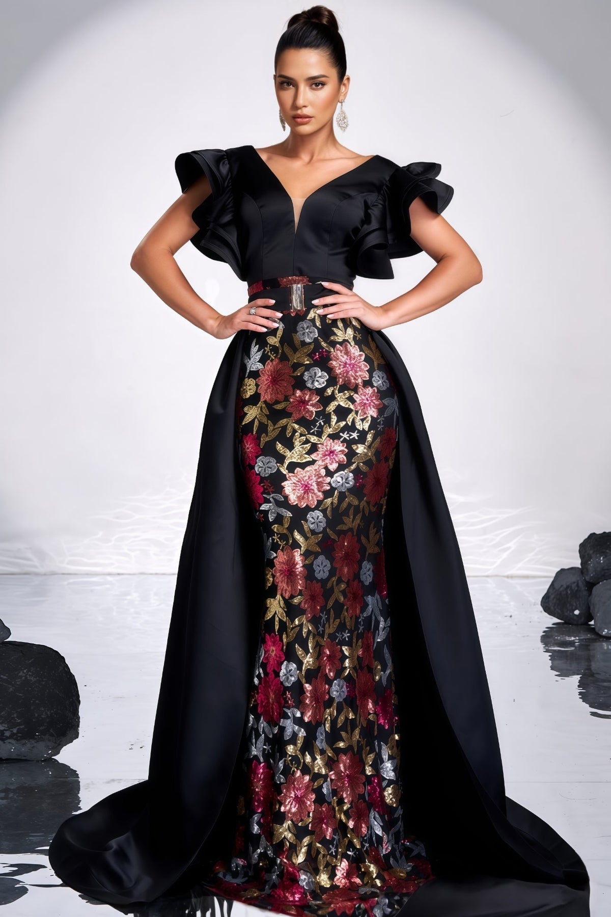 Floral Brocade V-Neck Ruffle Sleeve Mermaid Maxi Gown - View 2