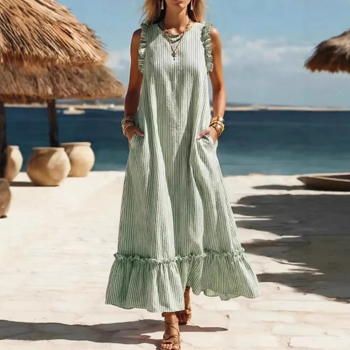 Striped Sleeveless Ruffle Hem Maxi Dress 3