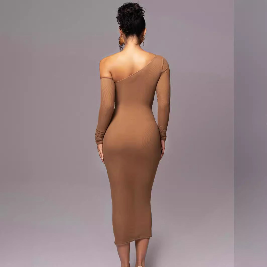 One Shoulder Long Sleeve Ruched Bodycon Maxi Dress 4