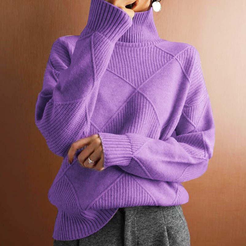 Turtleneck Long Sleeve Diamond Textured Knit Sweater