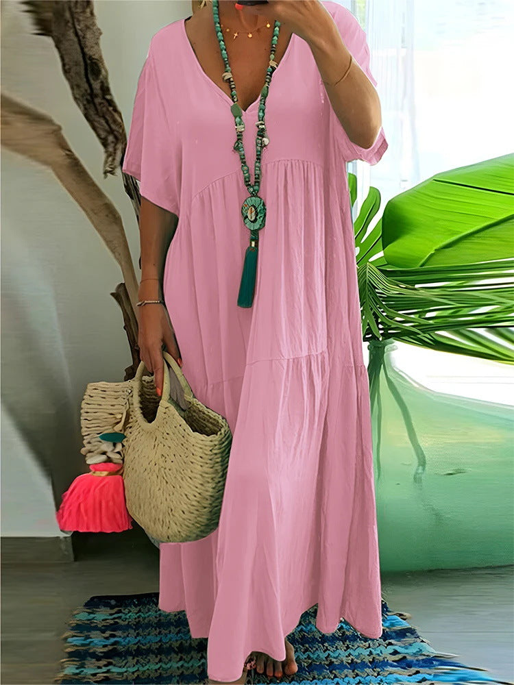 V-Neck Short Sleeve Tiered Maxi Dress Summer