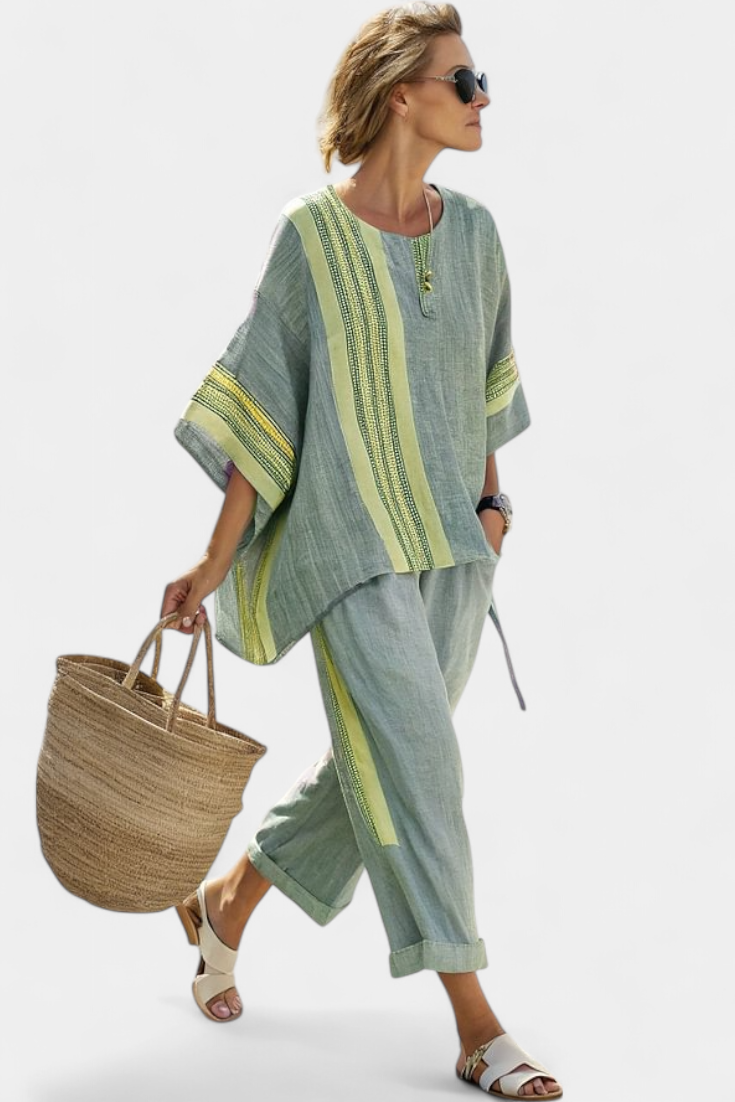 Half Sleeve Contrast Stripe Top and Pants Two Piece Set 6