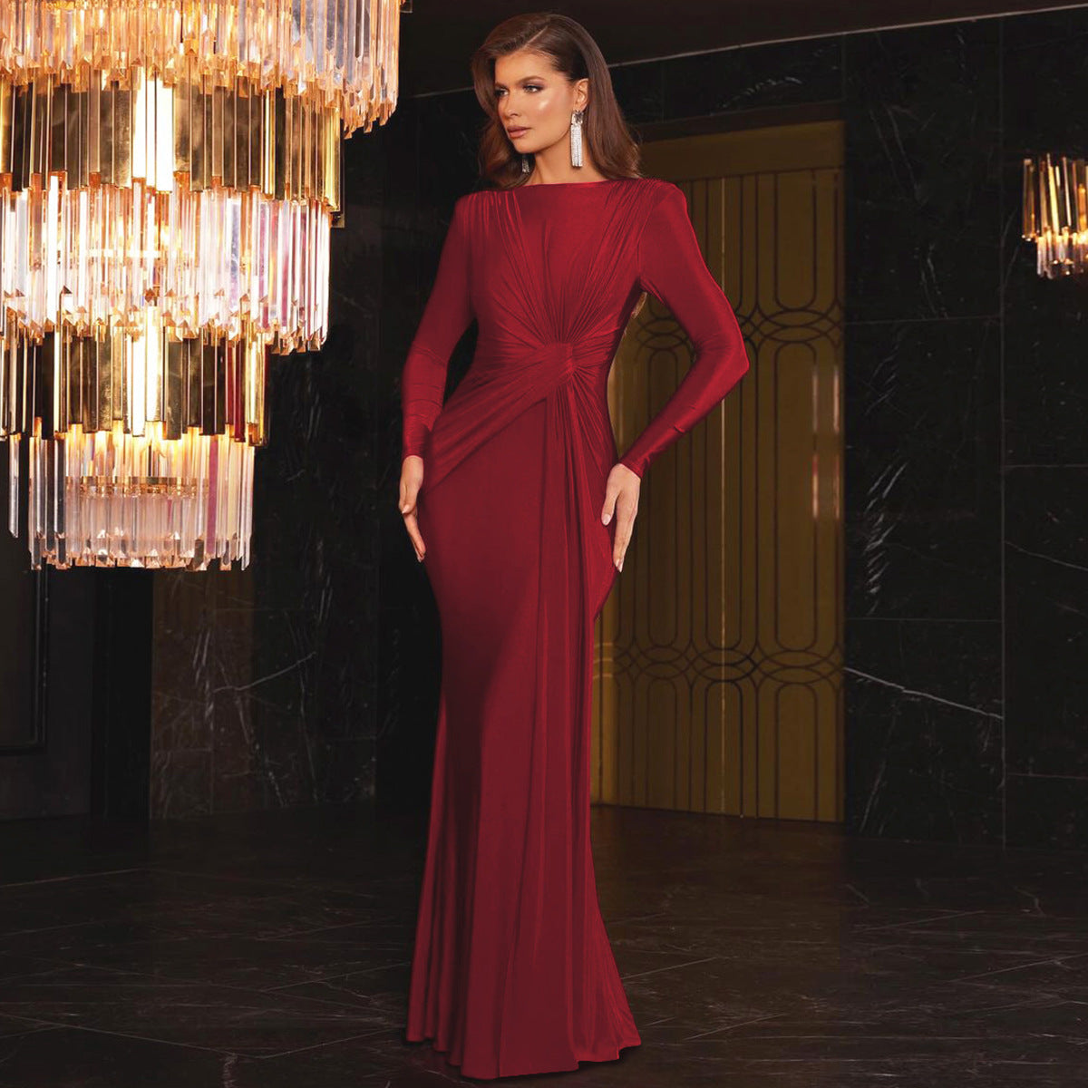 Satin Round Neck Long Sleeve Ruched Mermaid Maxi Gown - View 3