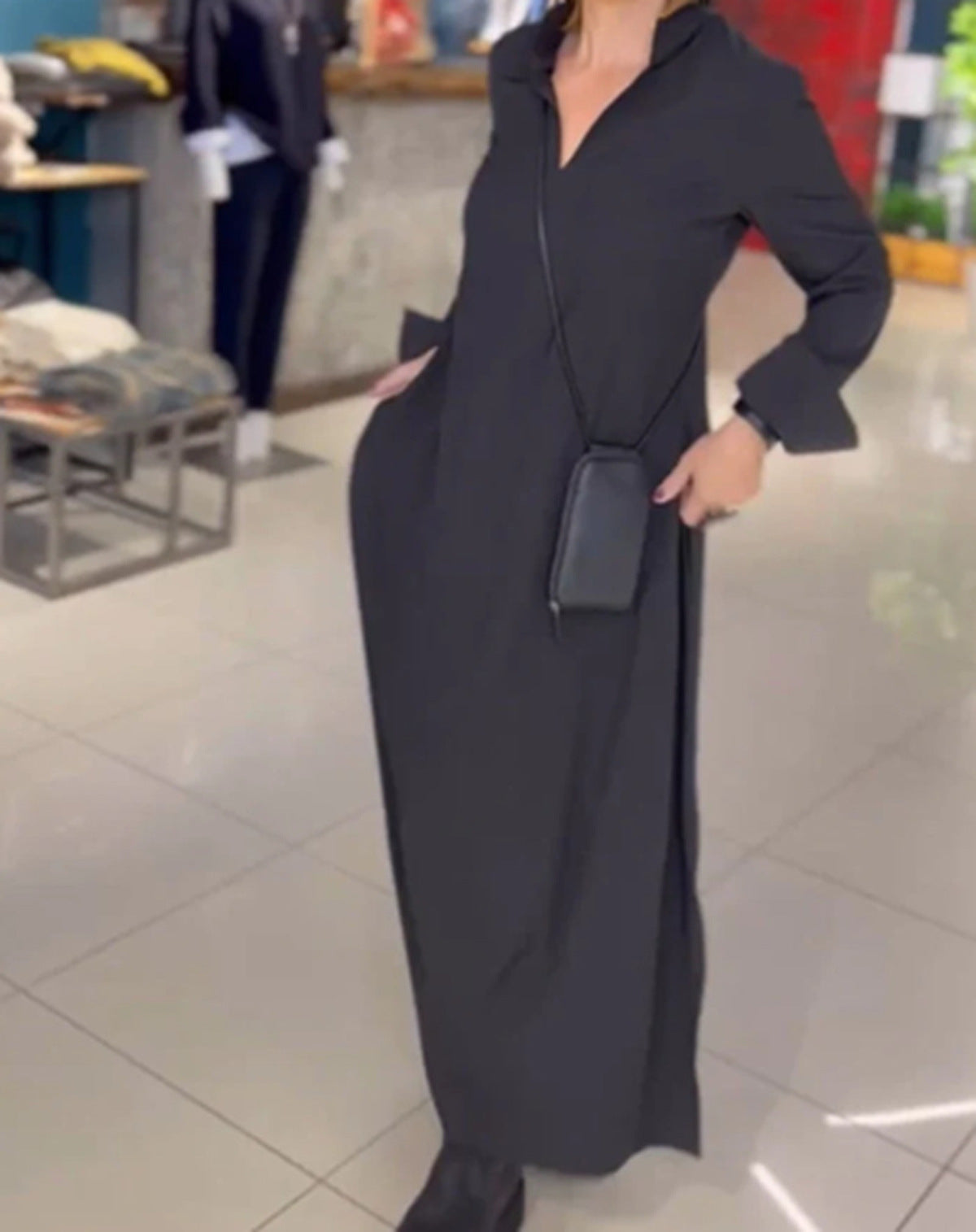 Long Sleeve Stand Collar V-Neck Pocket Side Slit Loose Maxi Dress - View 2