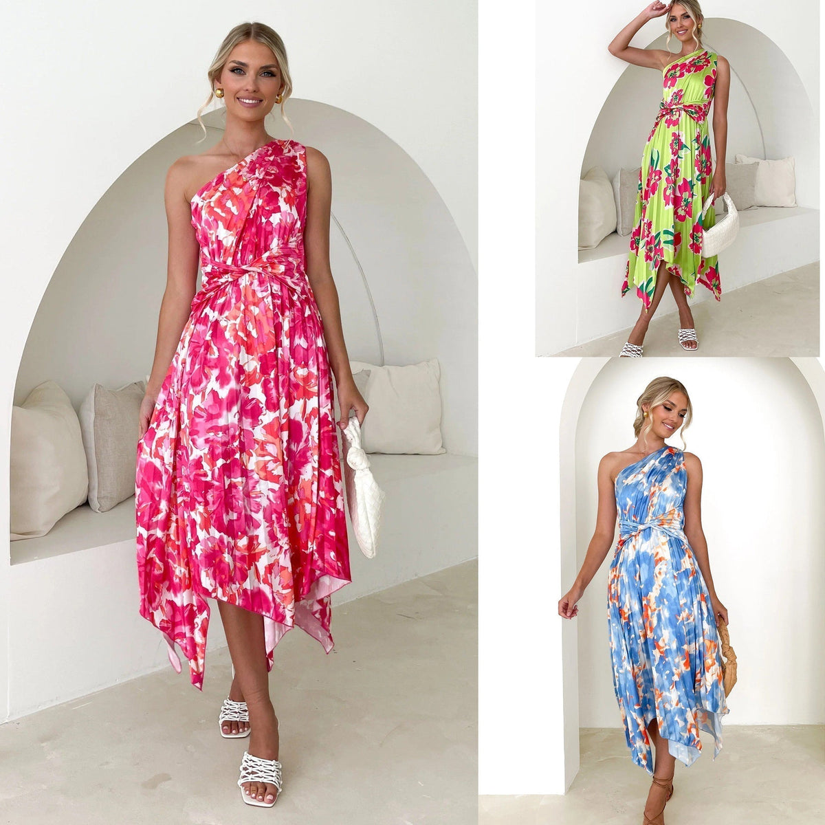 Floral One Shoulder Belted Handkerchief Hem Pleated Midi Dress