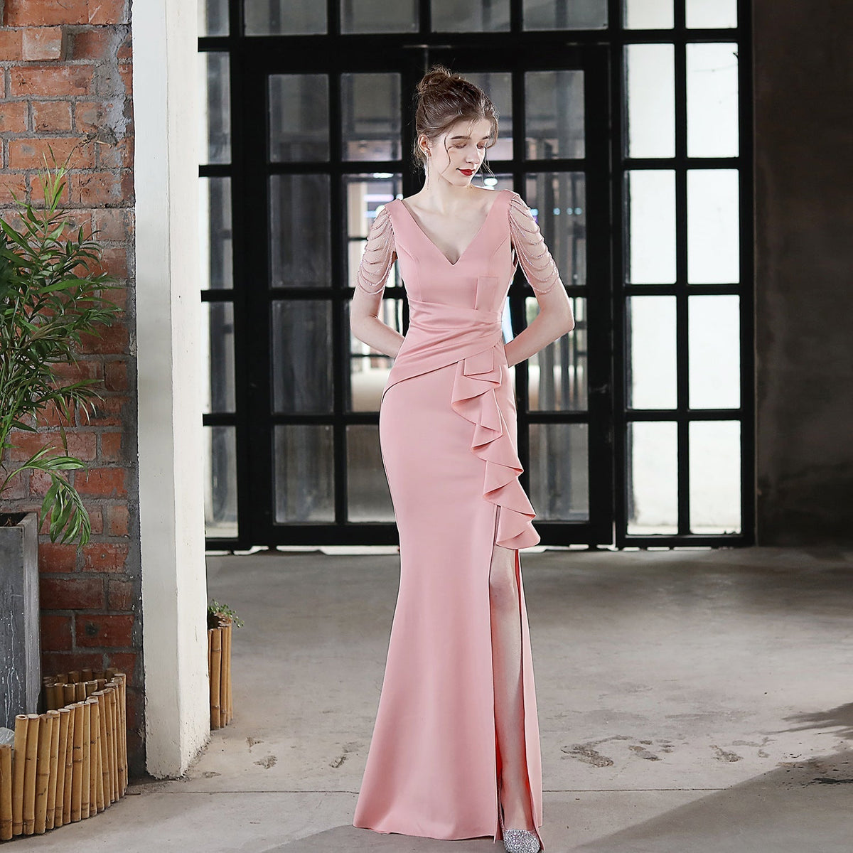 Deep V-Neck Beaded Shoulder Fringe Wrap Waist Side Maxi Gown - View 4