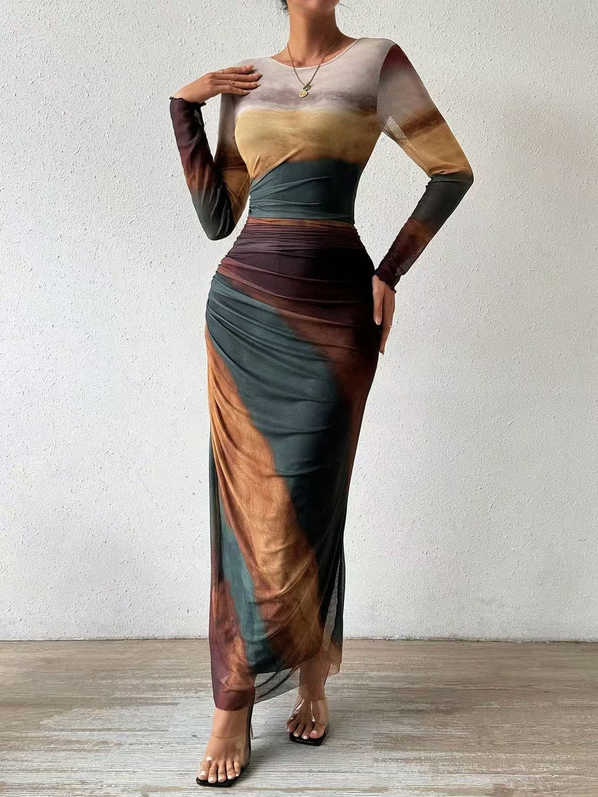 Abstract Print Long Sleeve Crop Top and Ruched Maxi Skirt Two Piece Set 9