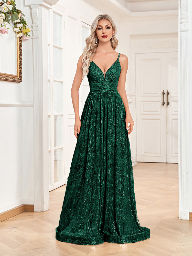 Sequin Deep V-Neck Backless Ruched A-Line Maxi Dress - View 5