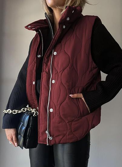 Stand Collar Zip Snap Front Quilted Puffer Vest 6