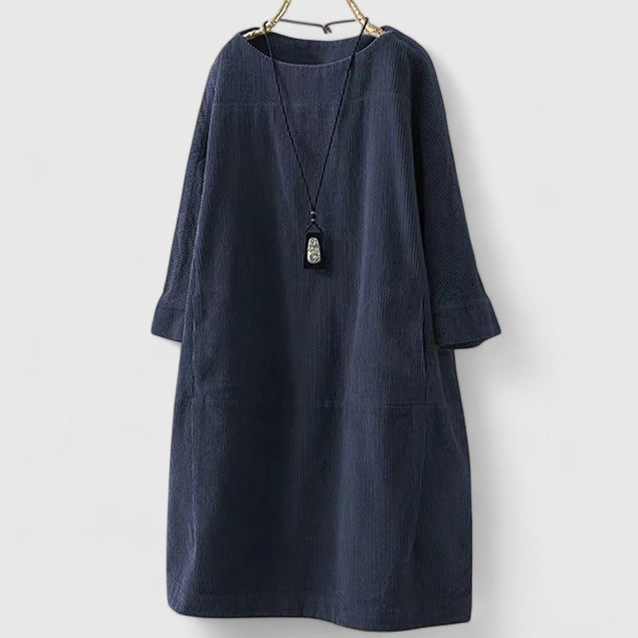 Corduroy Round Neck Long Sleeve Pocket Shift Dress 2