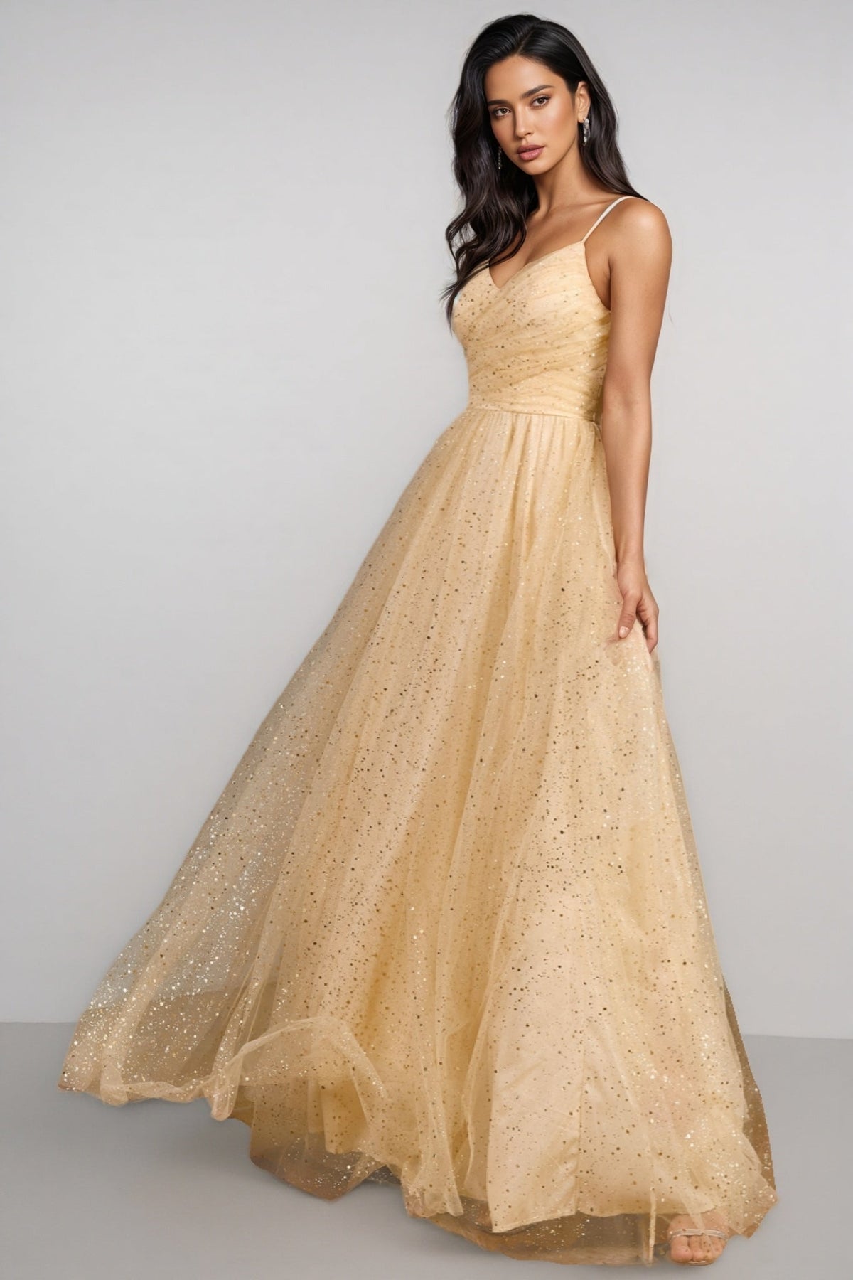 Glitter Tulle V-Neck Spaghetti Strap Ruched A-Line Maxi Gown - View 2