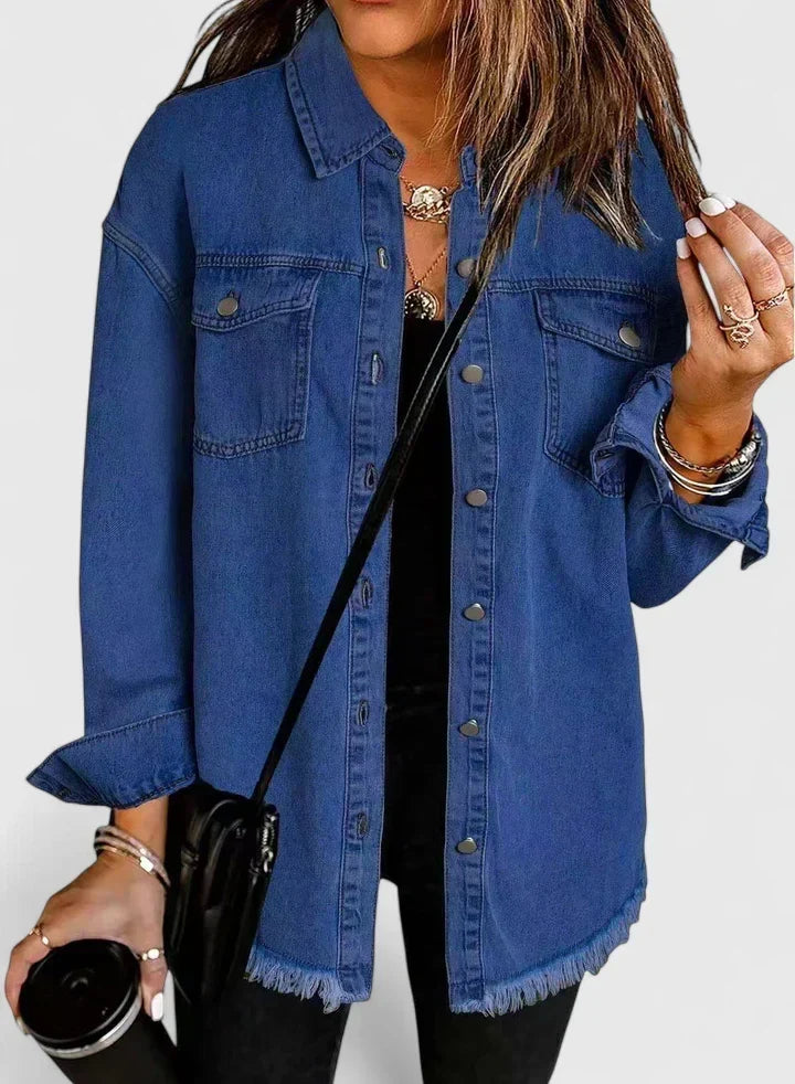 Button Front Frayed Hem Denim Shirt Jacket 11