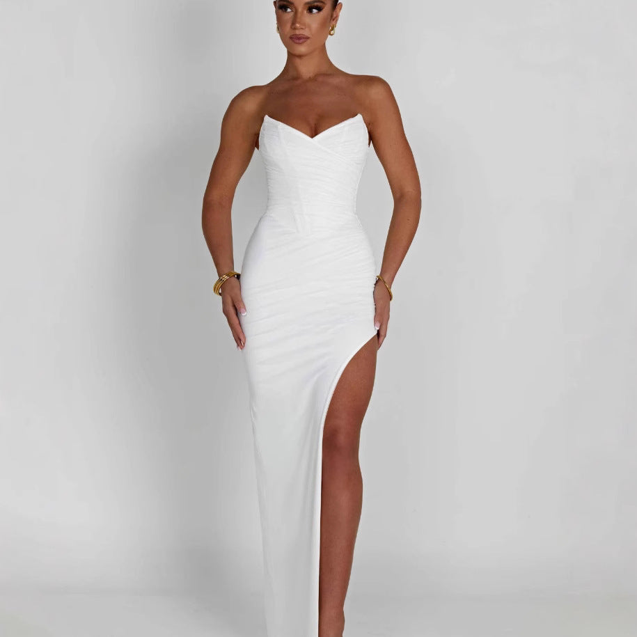 Strapless Sweetheart Ruched Crossover Wrap High Split Maxi Gown - View 6