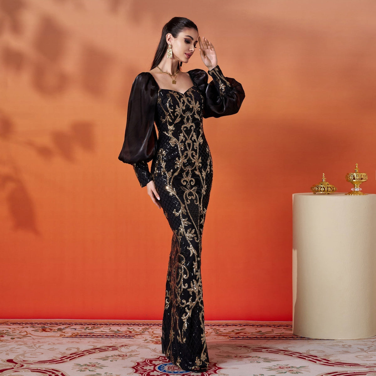 Sequin Sweetheart Neck Puff Sleeve Mermaid Formal Gown - View 3