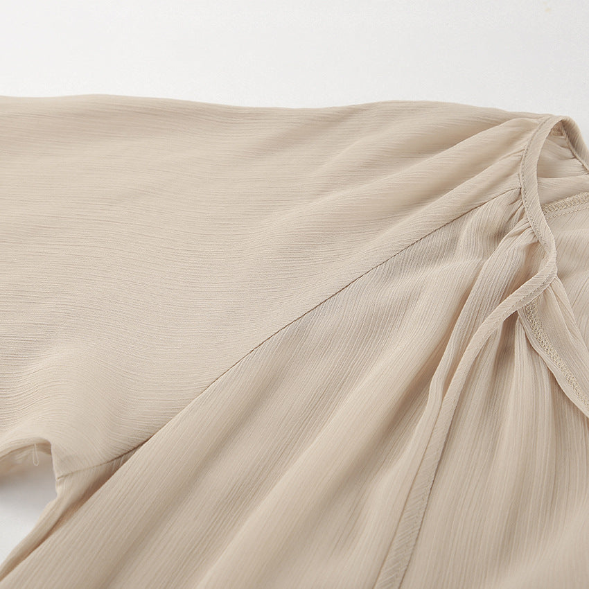 Sheer Tiered V-Neck Tie Neck Long Flared Ruffle Sleeve Maxi Dress - View 10