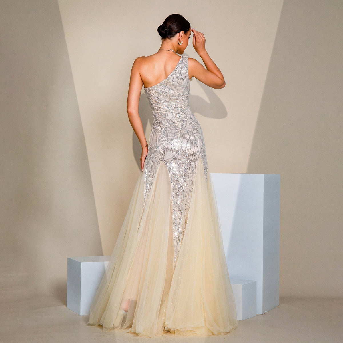 Sequin One Shoulder Floral Applique Tulle Maxi Gown - View 6