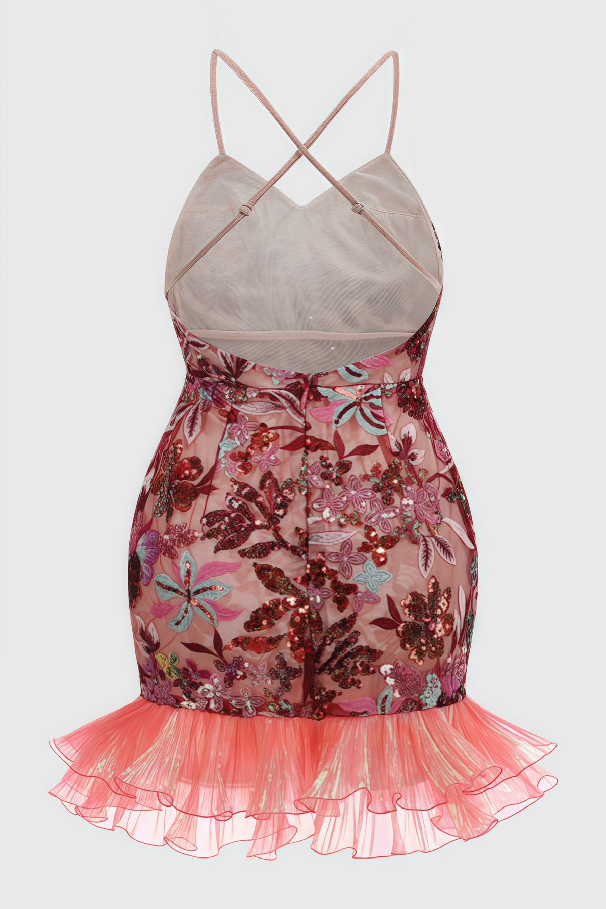 Sequin Floral Sweetheart Spaghetti Strap Ruffle Bodycon Mini Dress - View 4