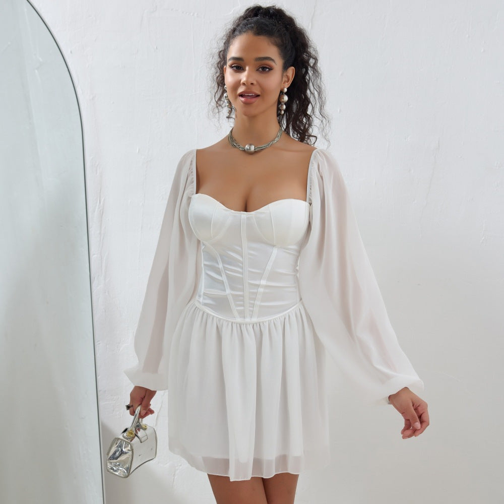 Corset Sweetheart Neck Sheer Balloon Sleeve Mesh Mini Dress - View 2