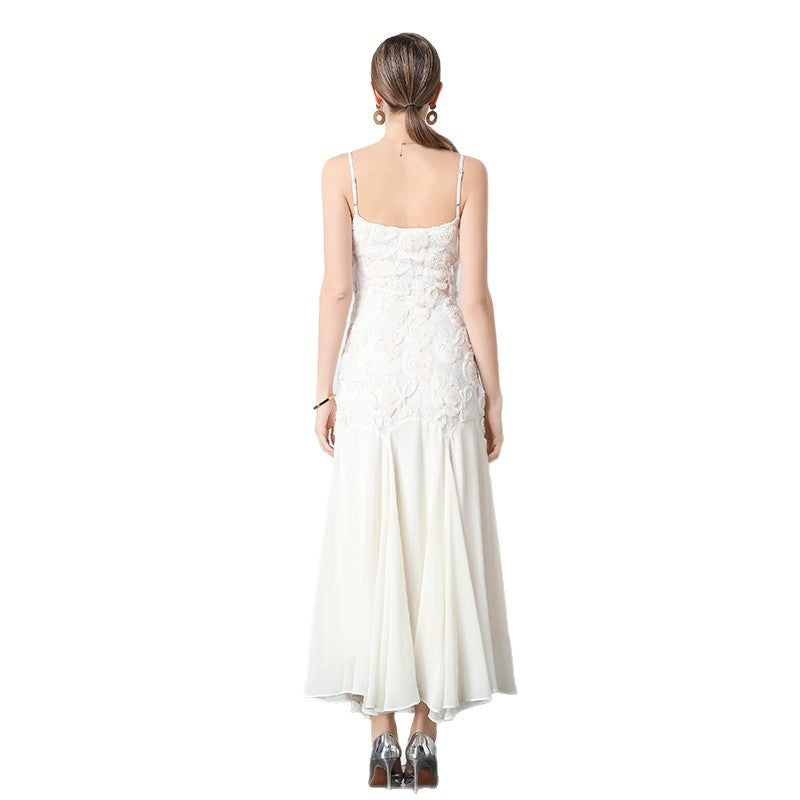 3D Floral Rosette Appliqué Spaghetti Strap Drop Waist Flowy Maxi Gown - View 5