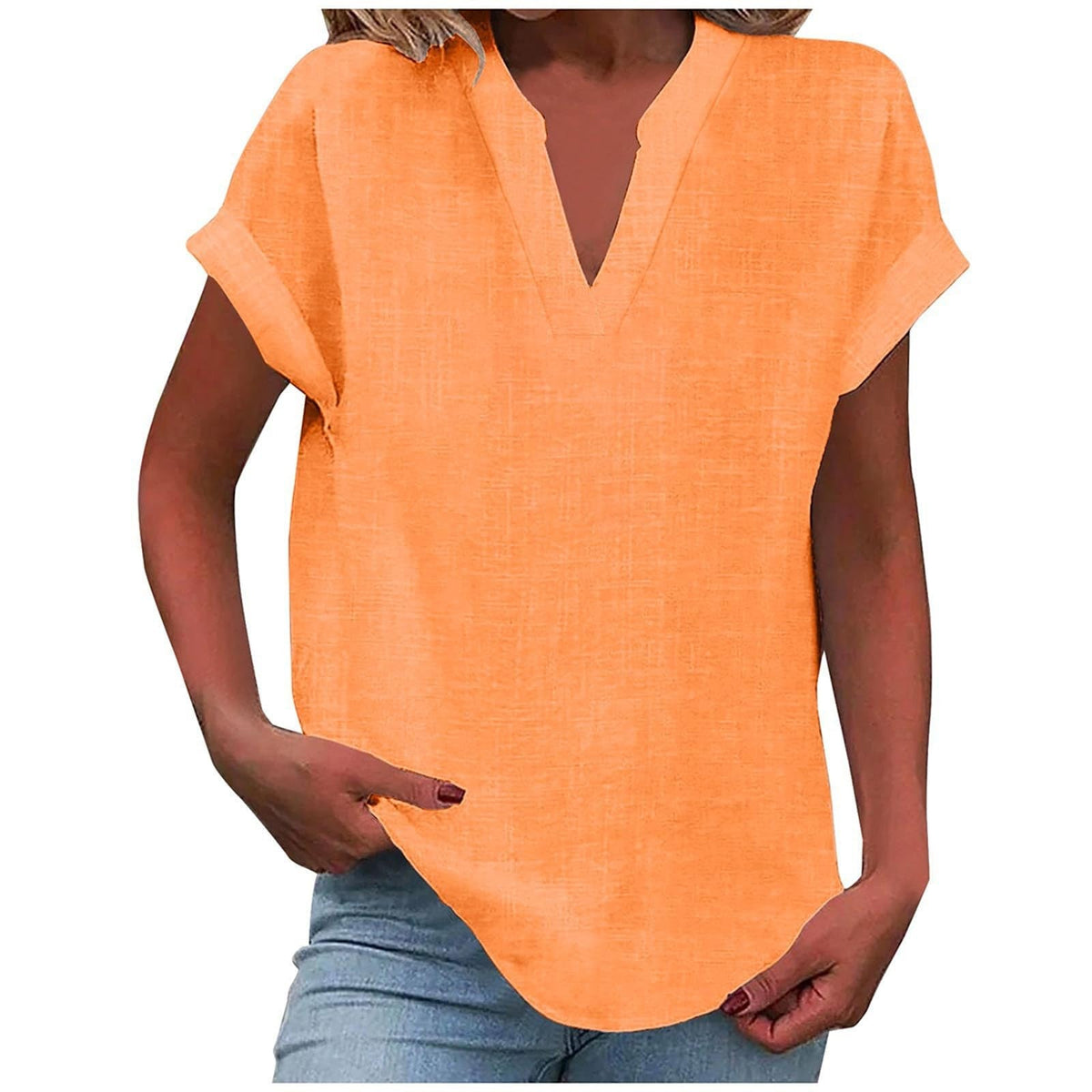 Split V-Neck Short Sleeve Linen Blouse 8