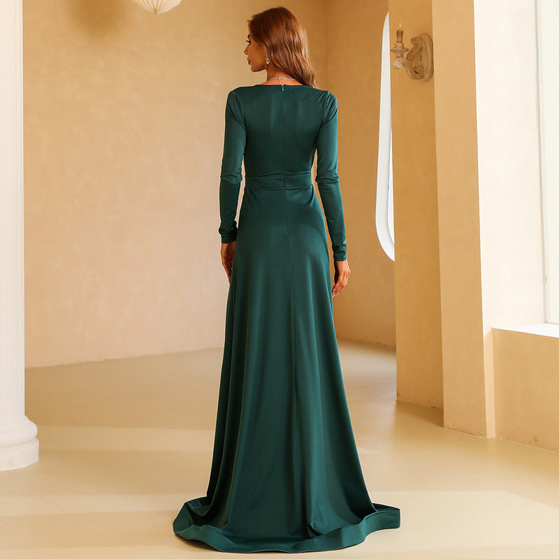 Deep V-Neck Long Sleeve Ruched High Split A-Line Gown - View 4