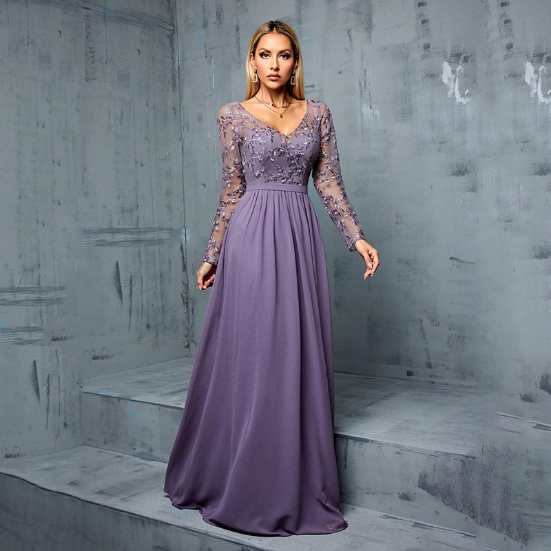 Chiffon V-Neck Long Sleeve Lace Bodice A-Line Maxi Gown - View 2