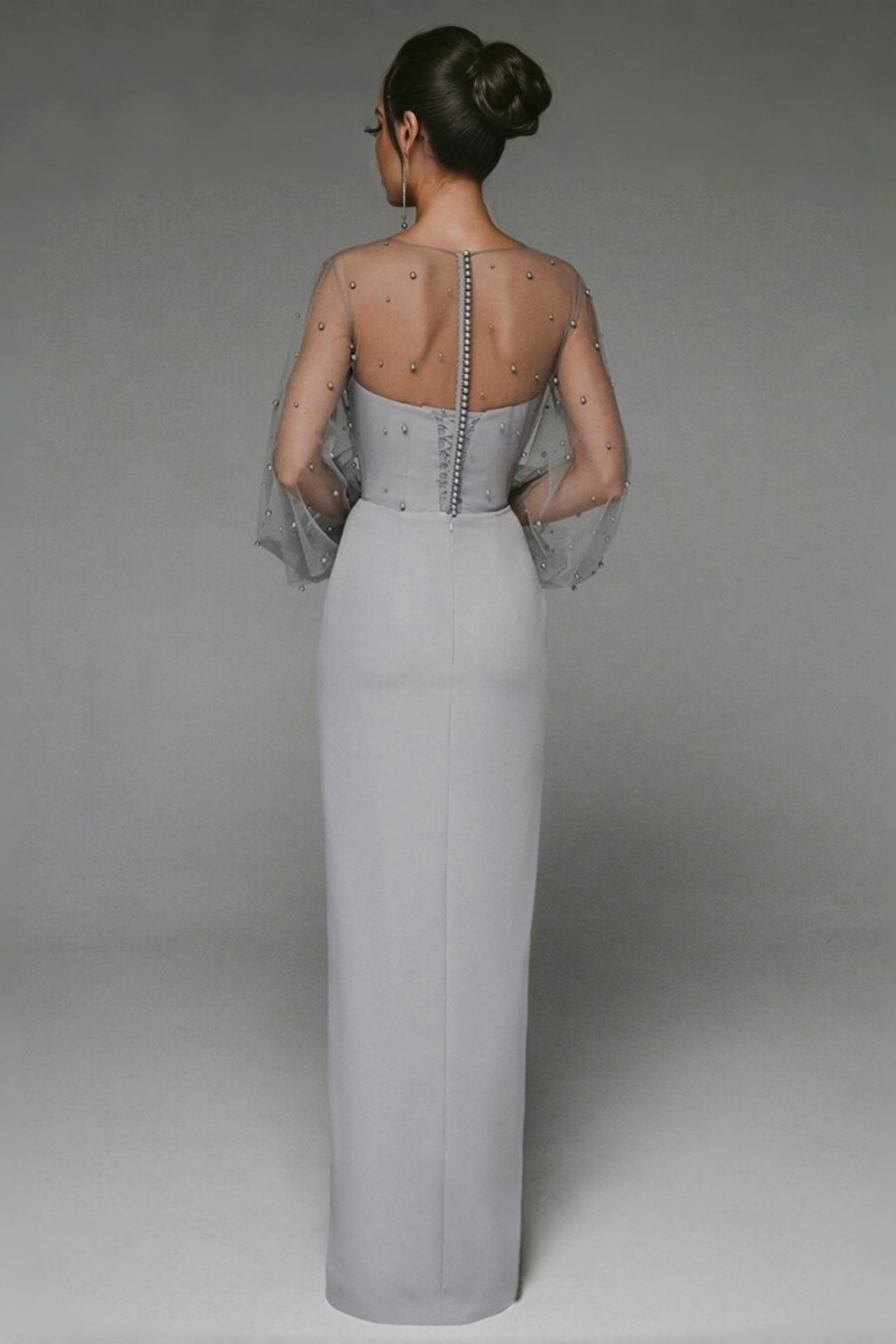 Mesh Pearl Embellished Bishop Sleeve Corset Bodice Wrap Maxi Gown - View 4
