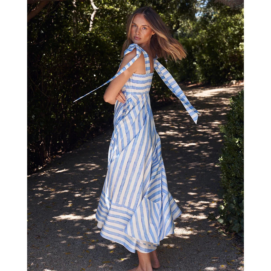 Striped Print Square Neck Tie Shoulder Pocket A-Line Maxi Dress - View 5