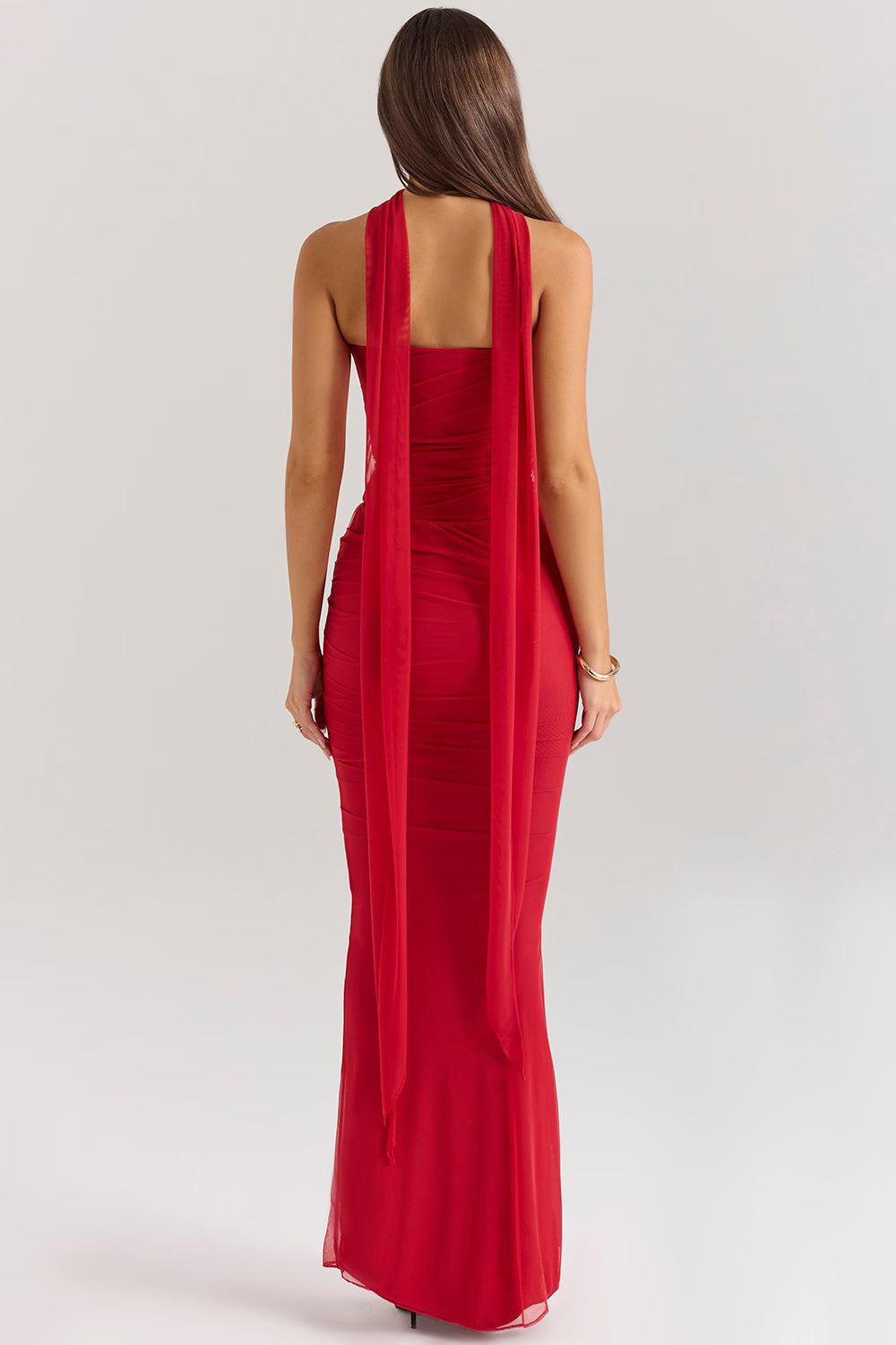 One Shoulder Draped Sash Ruched Fishtail Maxi Gown - View 15