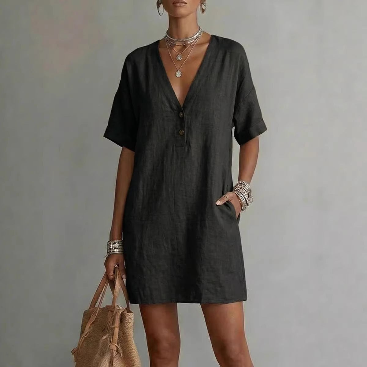 V-Neck Short Sleeve Button Front Shift Mini Dress 3