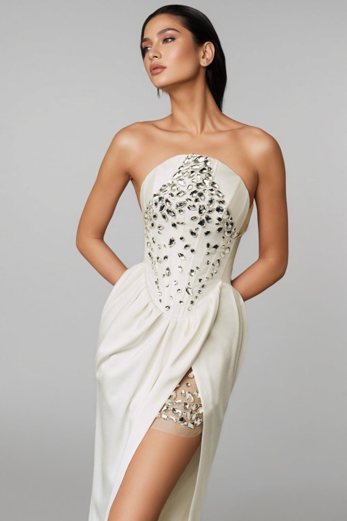 Strapless Corset Crystal Bodice Draped Hip High Split Gown - View 2
